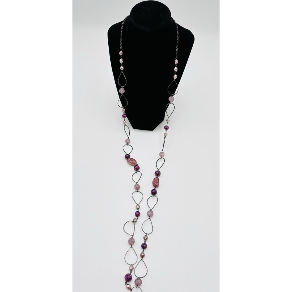 Premier Designs Long Necklace Purple Pink Beaded Gunmetal Chain Statement
